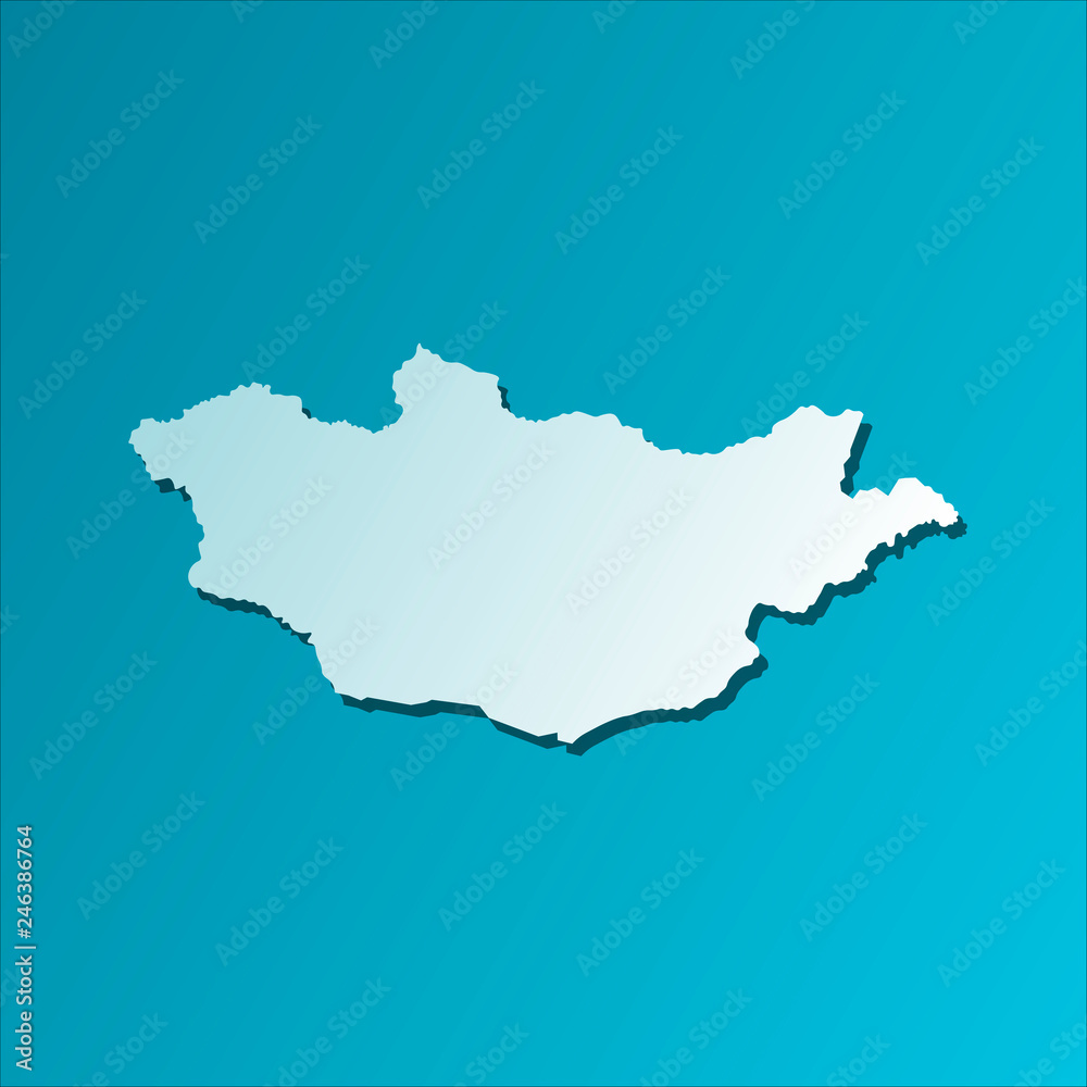 Simplified map of Mongolia . Vector isolated illustration icon with light blue silhouette. Bright blue background with shadow