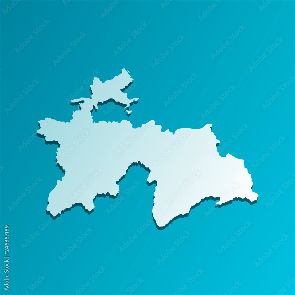 Simplified map of Tajikistan. Vector isolated illustration icon with light blue silhouette. Bright blue background with shadow