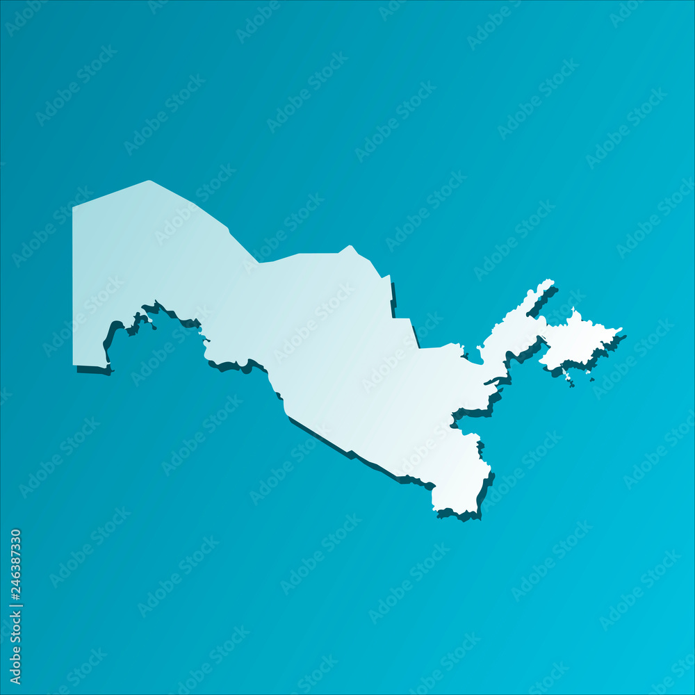 Simplified map of Uzbekistan. Vector isolated illustration icon with light blue silhouette. Bright blue background with shadow