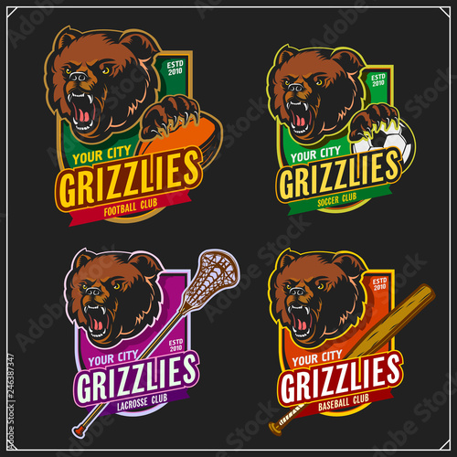 Football, soccer, lacrosse and baseball logos and labels. Sport club emblems with grizzly bear. Print design for t-shirts.
