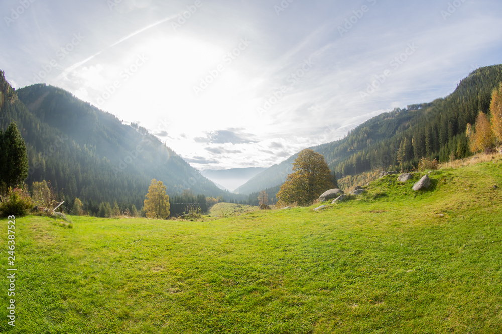 View from the mountains into the valley, Gaal in Austria - obrazy, fototapety, plakaty 
