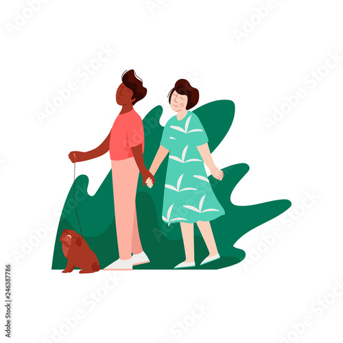 Young Man and Woman Walking Holding Hands on Nature, Multicultural Romantic Couple, Happy Lovers on Date Vector Illustration