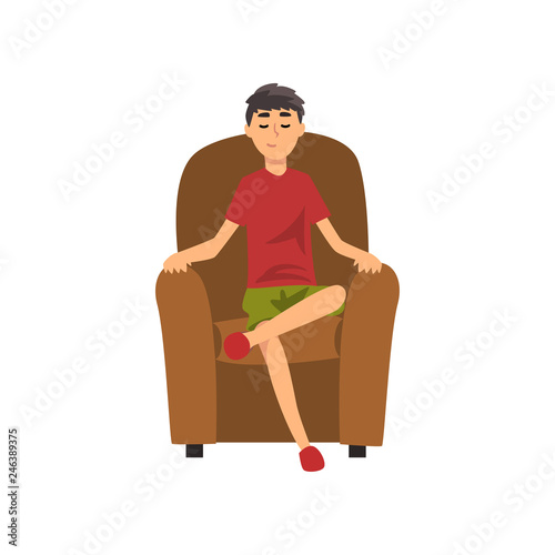Young Man Sitting on Chair with Closed Eyes, Guy Spending Weekend at Home and Relaxing, Rest at Home Vector Illustration