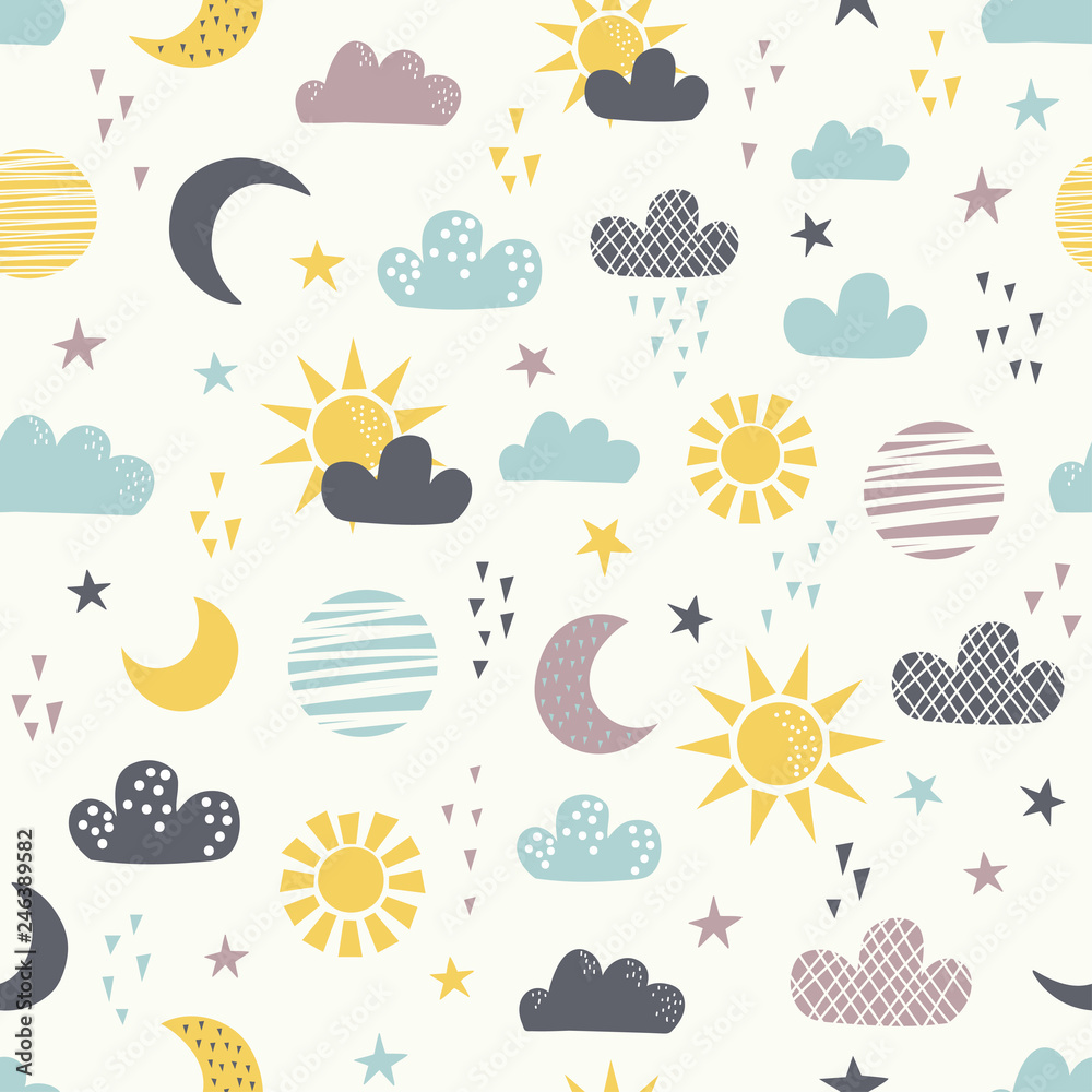 Fototapeta premium Seamless childish pattern with sun, moon, clouds and star