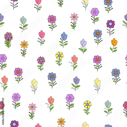Seamless pattern with different spring flowers. Isolated elements on a white background.