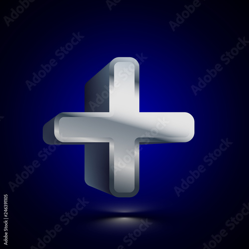 3D stylized Plus icon. Silver vector icon. Isolated symbol illustration on dark background.