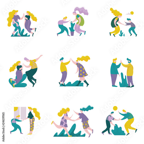 People Giving High Five to Each Other Set, Male and Female Characters Having Fun, Human Interaction, Friendship, Teamwork, Cooperation Vector Illustration