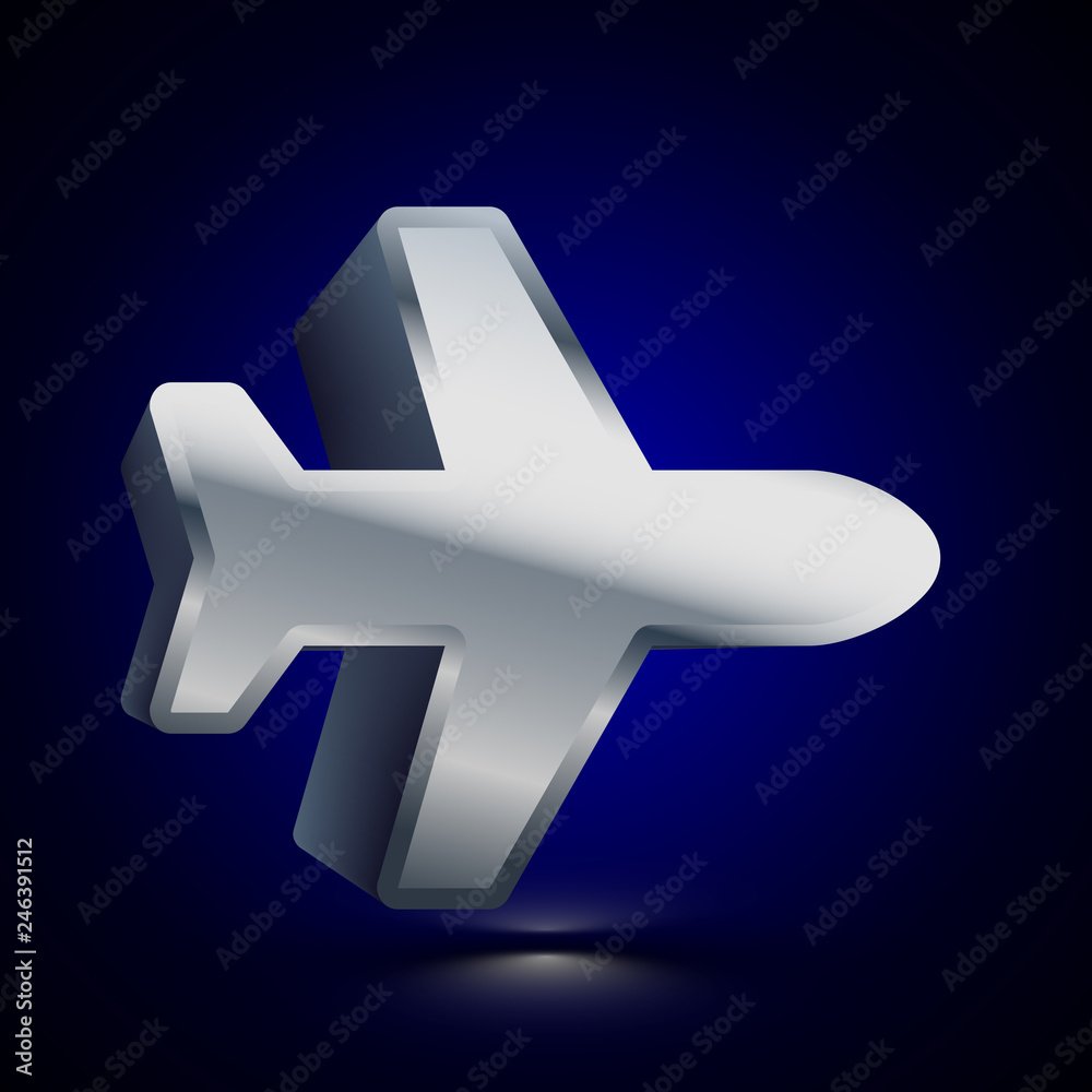 Fototapeta premium 3D stylized Plane icon. Silver vector icon. Isolated symbol illustration on dark background.