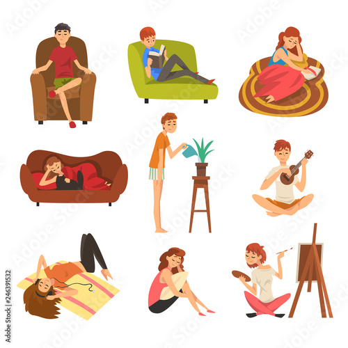 People Spending Weekend at Home and Relaxing Set, Man and Woman Reading Books, Lying, Dreaming, Resting at Home Vector Illustration