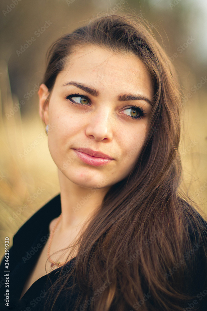 A beautiful brunette girl posing in a field on autumn. Art photo. A beautiful brunette girl posing in a field on autumn. Art photo.