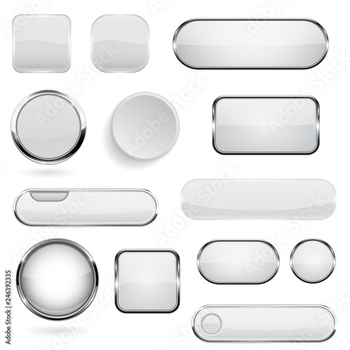 Collection of 3d buttons. White glass and plastic buttons