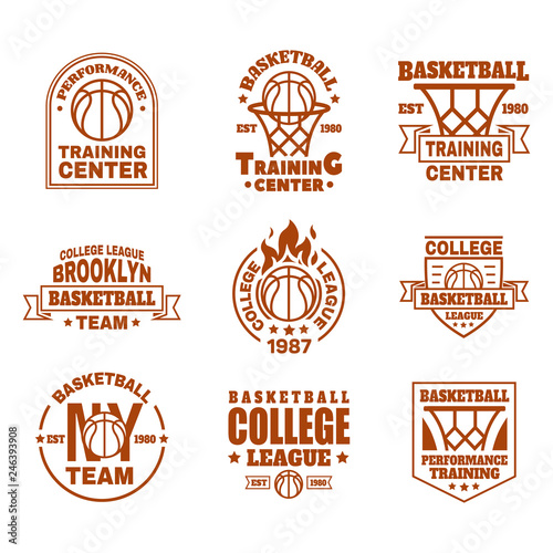 Set of isolated basketball icons with ball, basket