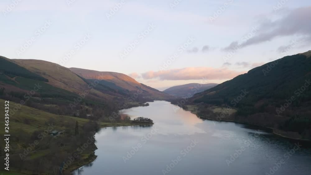 Flight over Loch Voil at Loch Lomond & The Trossachs National Park in Scotland Flight over Loch Voil at Loch Lomond & The Trossachs National Park in Scotland