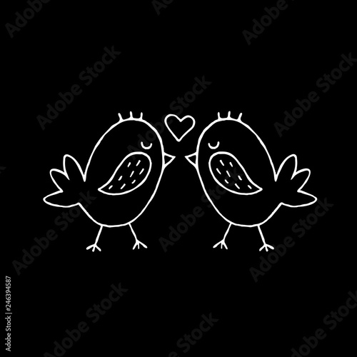 Cute cartoon hand drawn birds kissing symbol. Sweet vector black and white birds kissing symbol. Isolated monochrome doodle birds kissing symbol on black background.