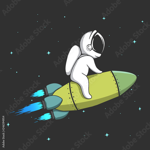 Little astronaut flies on rocket in space