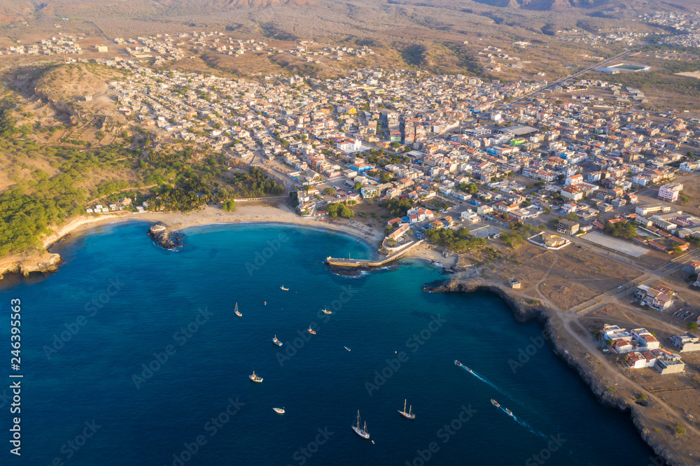 Fototapeta premium Aerial view of Tarrafal beach in Santiago island in Cape Verde - Cabo Verde
