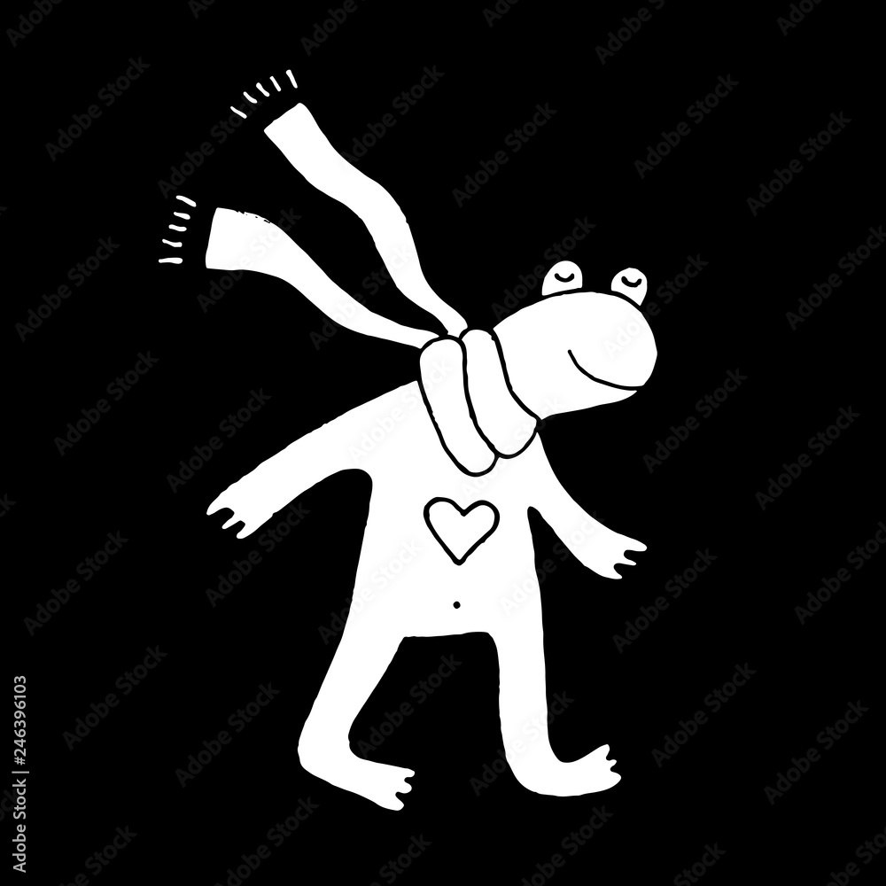 Obraz premium Cute cartoon hand drawn frog in love symbol. Sweet vector black and white frog in love symbol. Isolated monochrome doodle frog in love symbol on black background.