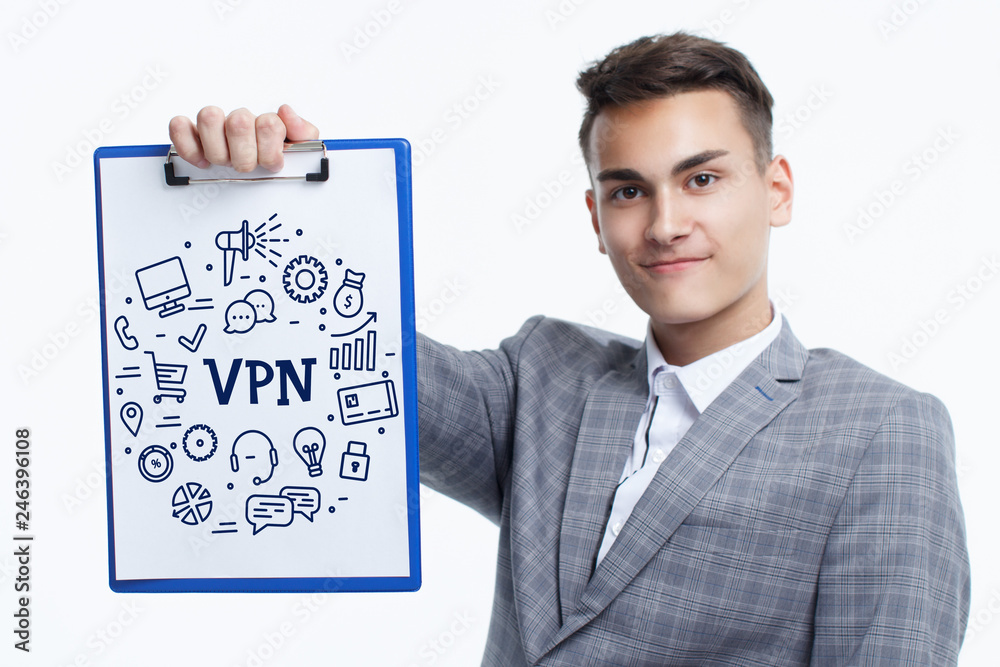Business, technology, internet and networking concept. Young entrepreneur showing keyword: VPN Business, technology, internet and networking concept. Young entrepreneur showing keyword: VPN