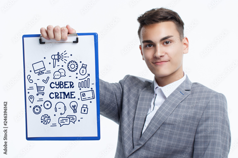 Business, technology, internet and networking concept. Young entrepreneur showing keyword: Cyber crime Business, technology, internet and networking concept. Young entrepreneur showing keyword: Cyber crime