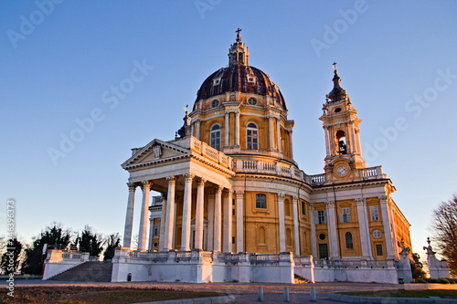 Superga basilica at sunrise in a sunny winter day, Turin, Piedmont, Italy