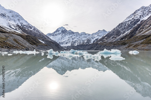 View of Mount Cook with ice from the Hooker Glacier