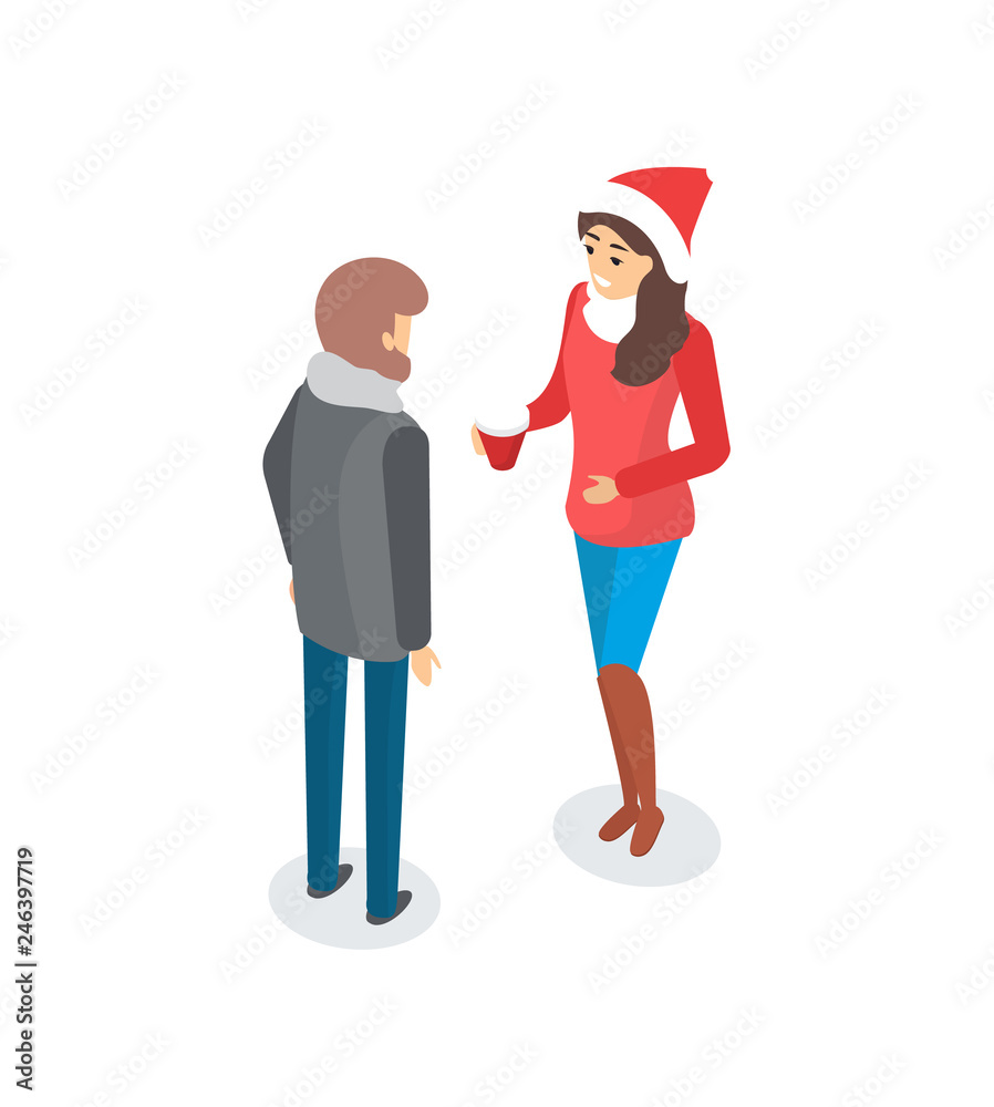 Man and woman talking outdoors, couple outside discussing topic vector. Male and female wearing warm winter clothes, lady in Santa Claus hat with cup