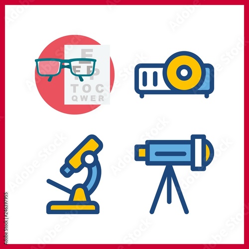 4 lens icon. Vector illustration lens set. microscope and telescope icons for lens works