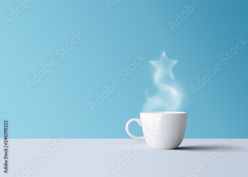 white coffee mug with aroma smoke and star