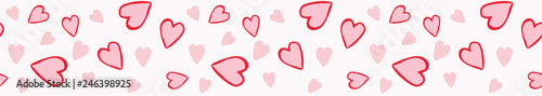 Cute and romantic tossed pattern design of cartoon hearts. Seamless repeat border. Pink, red and white, perfect for Valentines Day, weddings, engagements, ribbon designs, tape and scrapbooking.