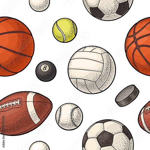 Seamless pattern different kinds sport balls. Vintage color vector engraving
