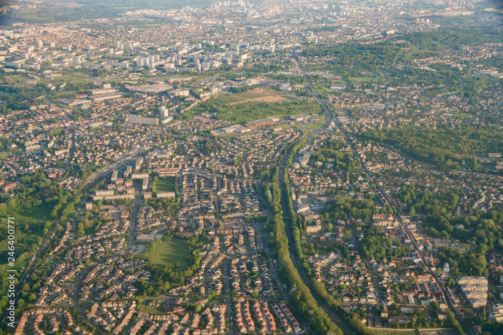 Aerial view of cityscape near airport
