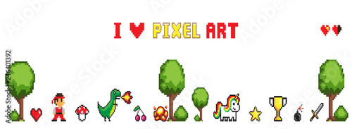 Collection of characters man and dragon, heart and star, cup and sword, unicorn and bomb near trees and bushes. Pixel art isolated on white vector