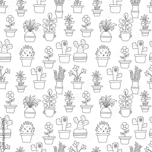 hand drawn flowers in pots seamless pattern illustration vector