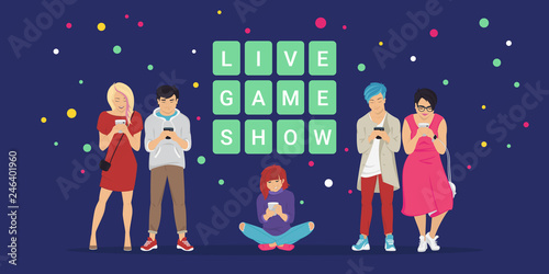 Live game show mobile app concept flat vector illustration of online quiz. Group of teenagers using mobile smartphone app answering trivia questions and solving words to win cash prizes.