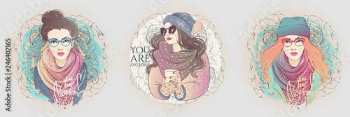 Beautiful hipster hairstyle beam young women in a fashion blue jacket with scarf and glasses. Vector hand drawn illustration.