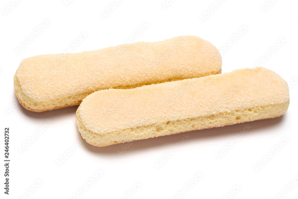 Traditional Italian Savoiardi ladyfingers Biscuits on White Background Traditional Italian Savoiardi ladyfingers Biscuits on White Background