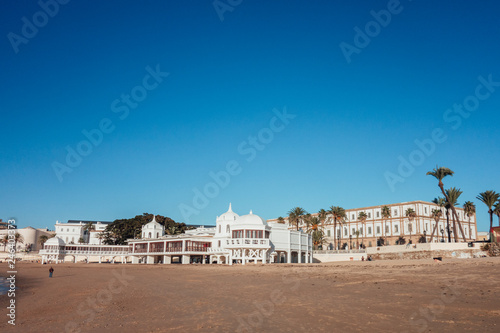 La Caleta beach with the spa, currently the headquarters of the Underwater Archeology Center of Andalusia. Cádiz, Spain.