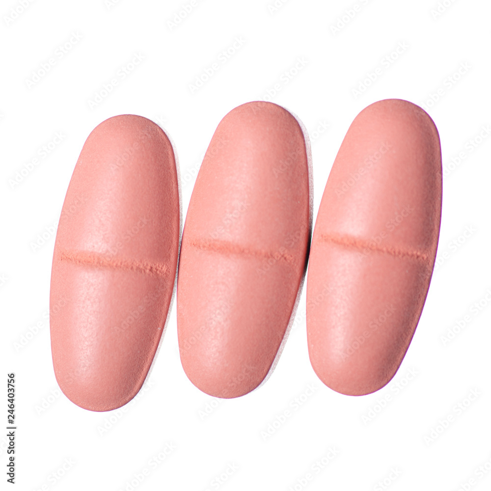 Capsule pills medicine pharmacy pink on white background isolation, top view Capsule pills medicine pharmacy pink on white background isolation, top view