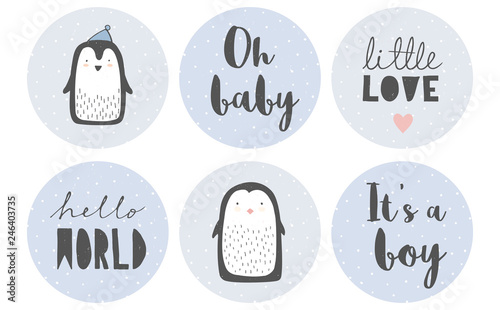 Baby Shower Candy Bar Vector Tag Set. 6 Cute Circle Shape Tags. Tiny White Dots on a  Blue Backgrounds. Gray Letters. Adorable Little Penguins. It's a Boy. Delicate Grunge Nursery Art. Pastel  Colors.