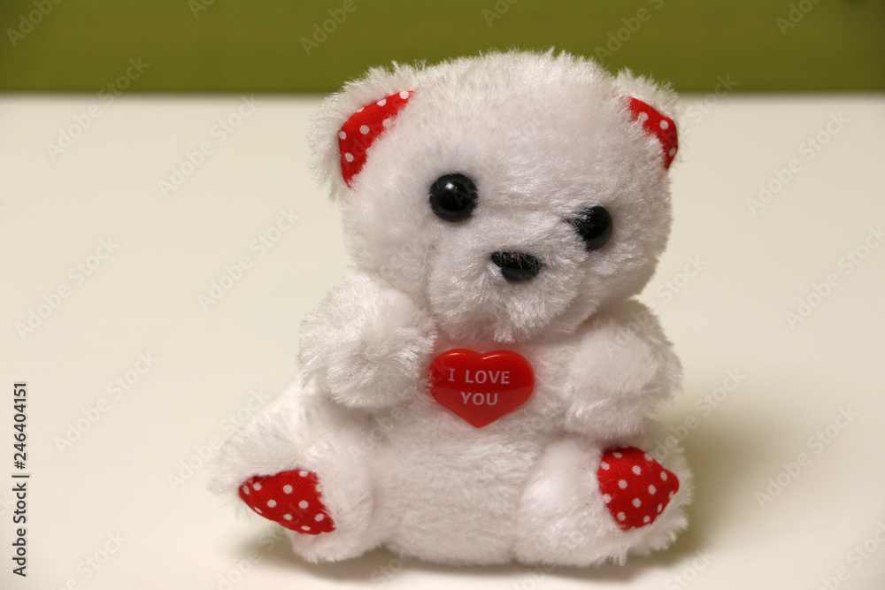A white bear cub holds a red heart. A white bear cub holds a red heart.