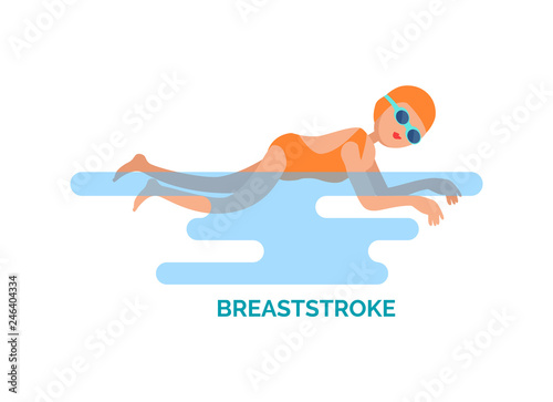 Breaststroke swimmer poster with text. Person female wearing bathing suit, goggles and protective hat on head swim professionally. Chest style vector