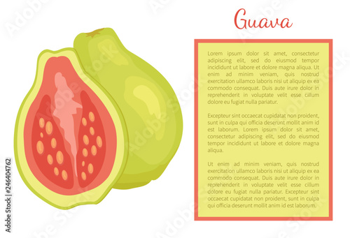 Guava or pineapple guavas exotic juicy fruit whole and cut vector poster frame for text. Tropical edible food, dieting plant with eatable red flesh