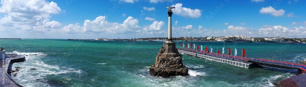 Panorama of the Sevastopol Bay with the Monument to the Scuttled Ships during a small storm, Black Sea, Crimea