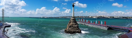 Panorama of the Sevastopol Bay with the Monument to the Scuttled Ships during a small storm, Black Sea, Crimea