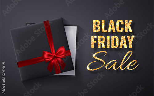 Black Friday Sale Golden glitter sparkle.Open Black Gift box with red bow and ribbon top view. Vector illustration