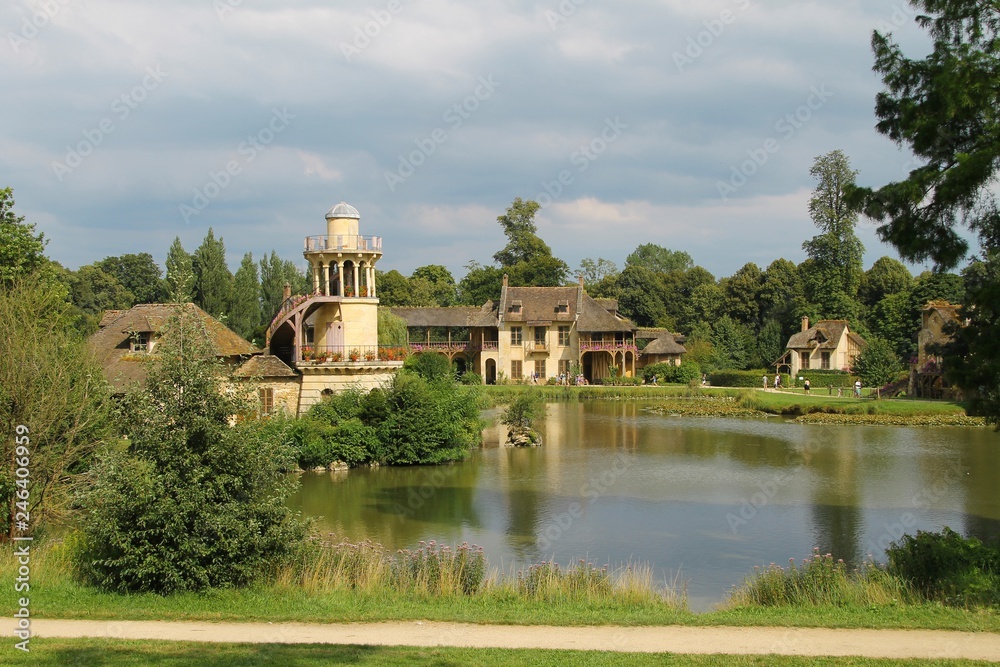 Fototapeta premium The Queen’s Hamlet, versailles, france, farm, marlborough tower, Marie-Antoinette, lake, architecture, house, architecture, building, home, old, landscape, grass, ancient, country, village, nature,