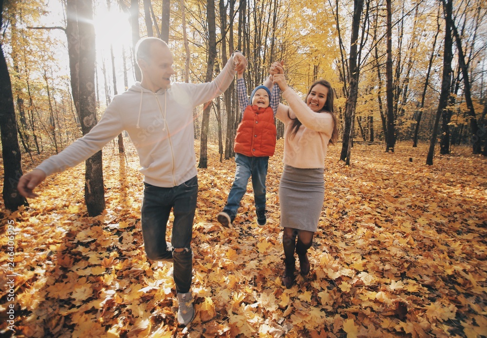 Fototapeta premium Dad and mom raised their son upside and walking along the park path. Happy family resting in the park in sunny day.