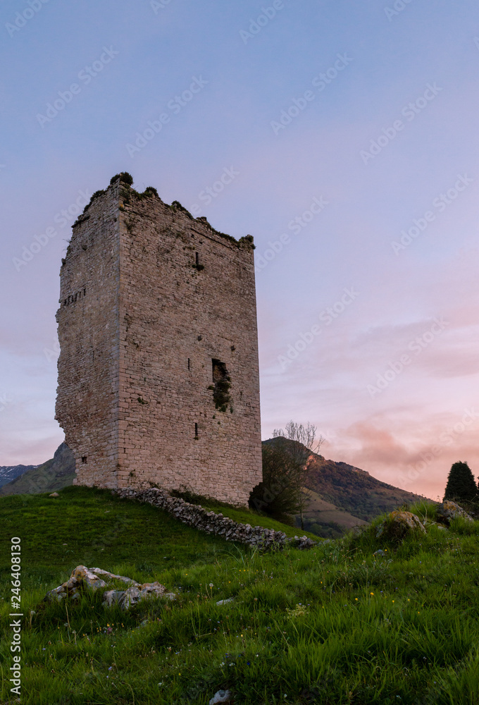 Popular tourist attraction site: Ruins of a medieval tower castle of XII century. Asturias. Spain.