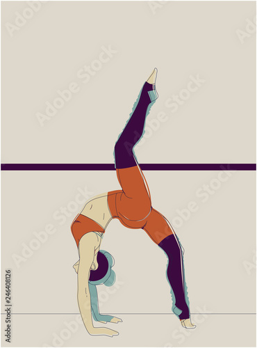 Slim sportive young woman doing fitness and yoga exercises. Interest sportswear. Vector glitch overlay illustration design for t-shirt graphics, icons, posters, print and and other uses