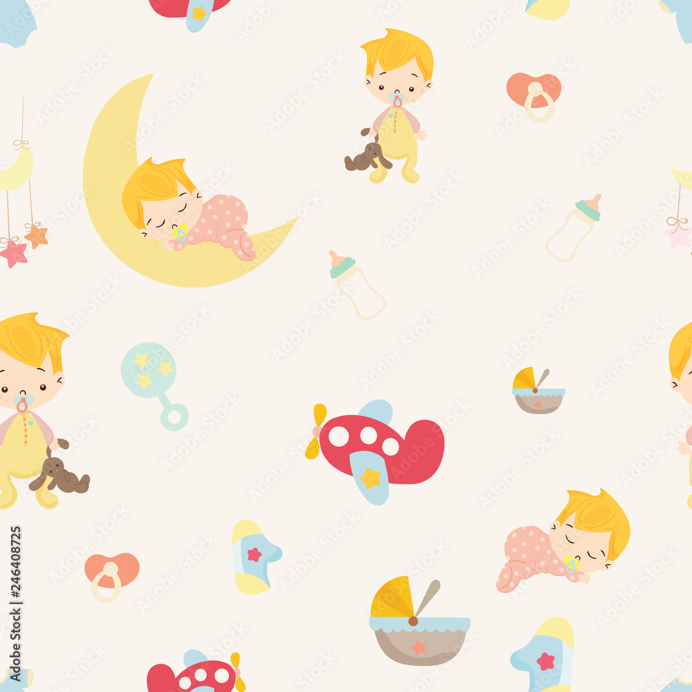 Baby shower. cute boy nursery seamless pattern background vector.